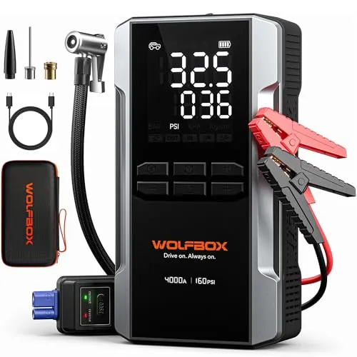WOLFBOX 4000A Arrancador de Baterias de Coche con Compresor de Aire, Booster Bateria 12V con Cargador Rápido 65W (10L Gas/10L Diesel), Pantalla Grande y Linterna LED