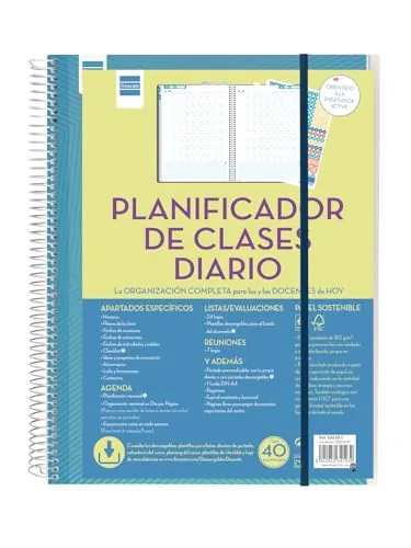 Finocam - Planificador de Clases Diario para Docentes | 1 Día Página | Español | Hasta 8 Clases Diarias | Tapa Personalizable | Espiral Metálica | Grande, Papel | Español