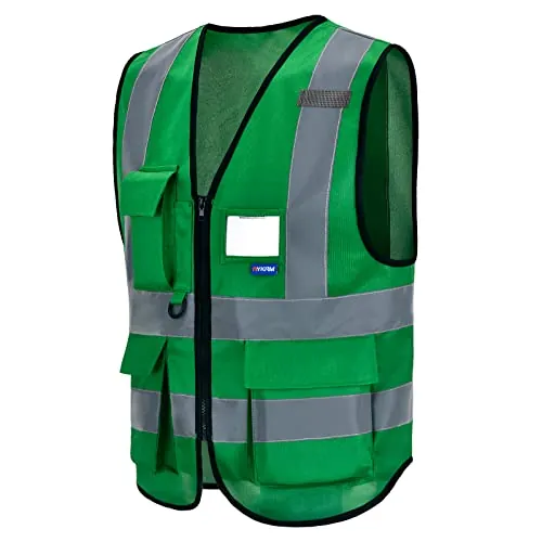 AYKRM Chaleco de seguridad Reflectante Alta visibilidad Ropa de trabajo Cremallera Multibolsillos Verde