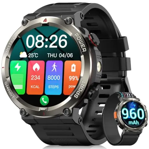 Reloj Inteligente Hombre con Llamadas con Linterna y Brújula, 960mAh Batería 1.45" Militar Smartwatch Hombre con,123 Modos Deporte,Monitor Cardíaco 24h/SpO2/Sueño,Podómetro,IP68,2Correas(iOS/Android)