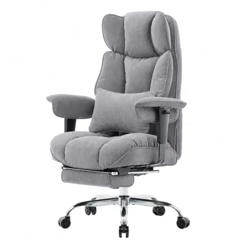 Efomao Silla de Oficina Ergonómica Acolchada, Silla de Escritorio Reclinable con Reposapiés Retráctil y Soporte Lumbar, Sillón de Trabajo y Gaming en Tela Transpirable, Altura Ajustable (Gris)