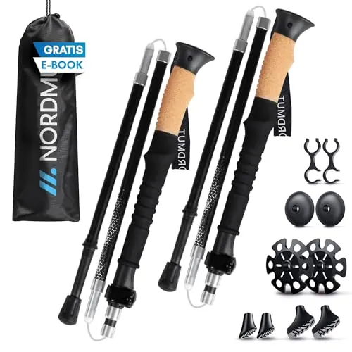 NORDMUT® Bastones de Senderismo Plegables en Aluminio o Carbono Ultraligeros – Desde 1,50 m o 1,65 m – con Empuñaduras Ergonómicas – Trekking Robustos y Compactos (Aluminio / 115-135cm)