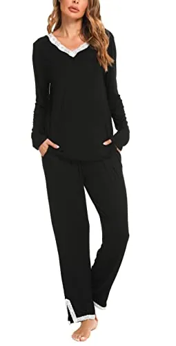 Lovasy Pijamas Mujer Invierno 2 Piezas Pijamas Mujer Largo con Encaje Cuello en V Conjunto de Pijama con Bolsillos,Negro,M