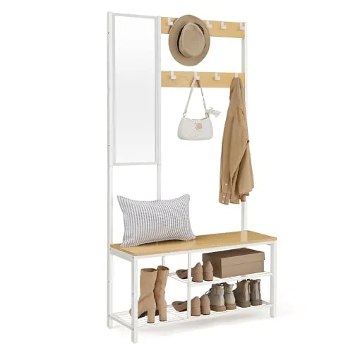 VASAGLE Perchero, Mueble Recibidor con Ganchos, Espejo, Banco Zapatero y Estantes, 36 x 98 x 185 cm, para Pasillo Dormitorio Salón, Roble y Blanco HSR050W09