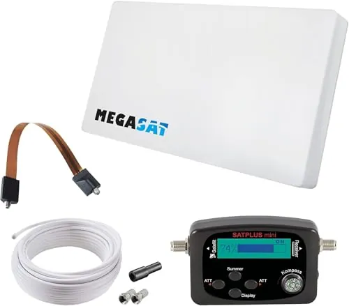 Megasat Antena Plana Set – D1 Profi-Line (1 Usuario, Incl. 10 m de Cable, buscador de satélite, pasacables para Ventana, LNB Intercambiable, múltiples Opciones de Montaje) – Blanco