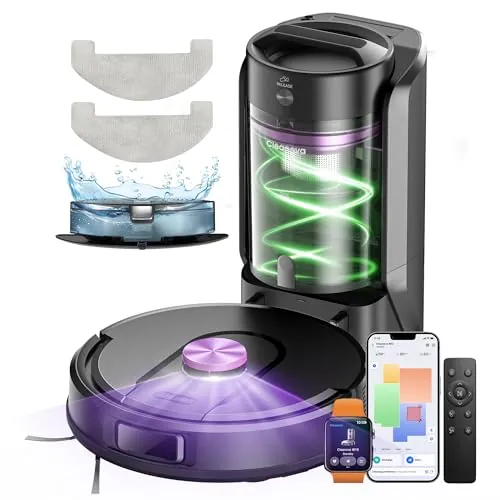 Vexilar W15 Robot Aspirador 10000Pa, con Fregona y 5 Mapa Inteligente, Autonomía 180Min, Fácil Programa, 4L Base Autovaciado sin Bolsa, Robot Aspiradora Fregadora para Suelos/Alfombras/Partícula