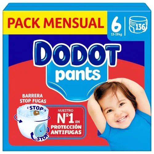 Dodot Pants Pañales Talla 6, 136 Unidades, 13-19 kg. | Ajuste 360° a prueba de fugas, Protección día y noche