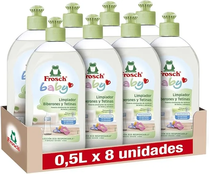 Frosch Baby - Limpiador de Biberones y Tetinas, Elimina Restos de Leche y Comida, Producto Hipoalergénico y Ecológico - Pack de 8 Unidades x 500 ml