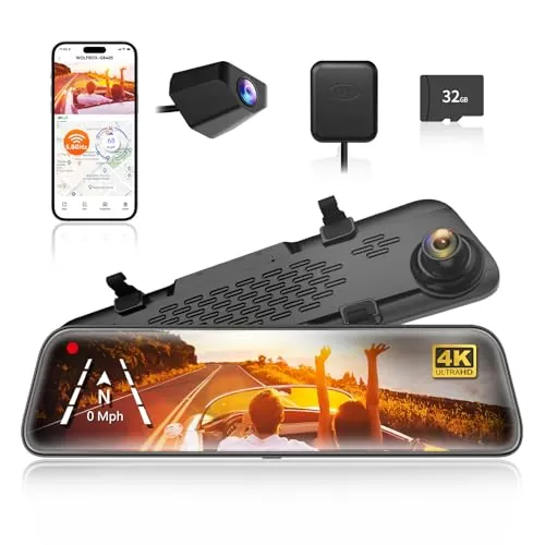WOLFBOX G840S Cámara de Coche 2160P Full HD 12'', 5.8GHz WiFi, 4K Dashcam con Pantalla táctil Doble Lente, G-Sensor, Grabación en Bucle, Monitor de Aparcamiento, Visión Nocturna, Tarjeta SD de 32 GB