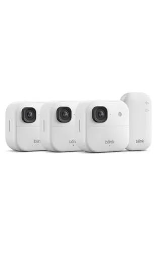 Cámara exterior 2K+ Blink (última generación) — cámara de seguridad inteligente inalámbrica, resolución de vídeo 2K, módulo de sincronización básico Incluido: sistema de 3 cámaras, Blanco