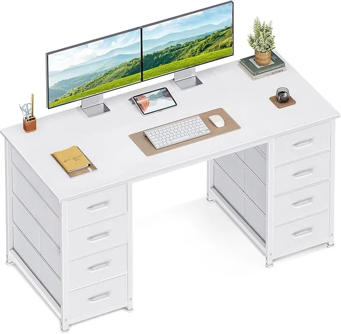 Coleshome Escritorio con 8 Cajones de Tela, 120x48cm Escritorio de Ordenador Mesa Escritorio de Espacio Mesa de Oficina para Oficina en Casa, Blanco