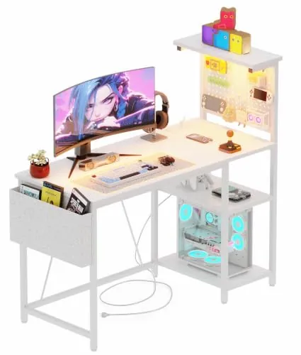 Xyphren Mesa de Juegos de con Pared Perforada, Enchufe, pequeño Escritorio para Ordenador con estantes Reversibles para Escritorio de Esquina en casa, 100 * 50cm, Blanco