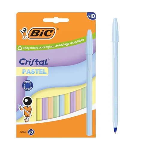 BIC Cristal Pastel Bolígrafos de Punta Media (1,00 mm) con Tinta Recargable Azul - Cuerpo de Colores Pastel Surtidos, Caja de 10