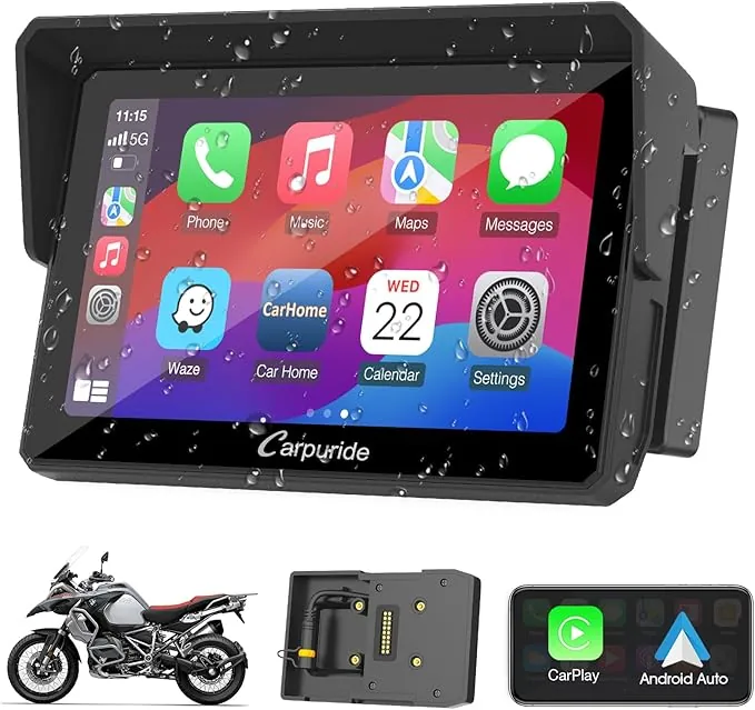 Carpuride W502B Pantalla Carplay para BMW Motocicleta R1200GS R1250GS S1000XR, Pantalla Táctil Impermeable de 5 Pulgadas, Navegación GPS Portátil Carplay/Android para Moto, Bluetooth Dual