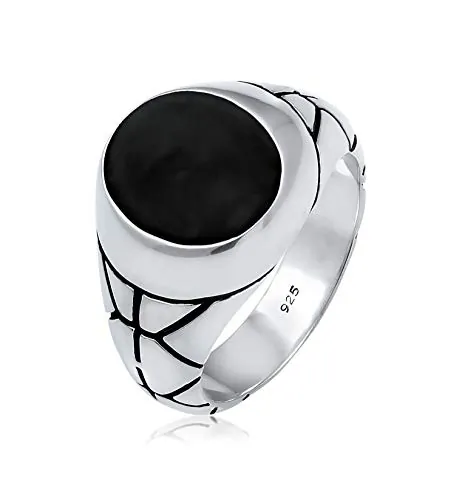 Kuzzoi Anillo de sello para hombre con esmalte ovalado, sólido de 13 mm de ancho en plata de ley 925, anillo de plata decorado oxidado Negro (64)