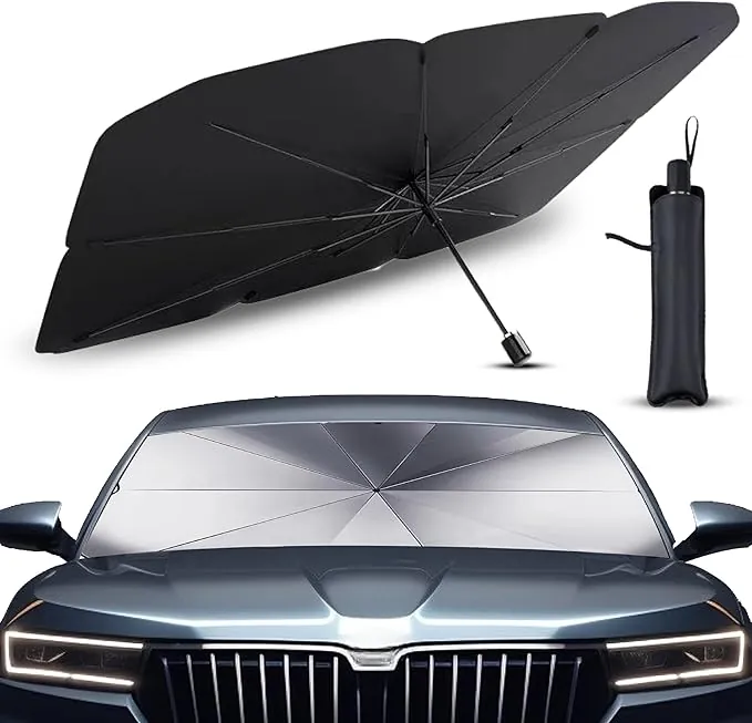Parasol Coche Delantero Protector Solar SUV y Camión Parasol Paraguas Coche Resiste a los Rayos UV Parasol Plegable con Eje Giratorio 360º y Revestimiento de Titanio (Poliéster, 140 cm x 80 cm)