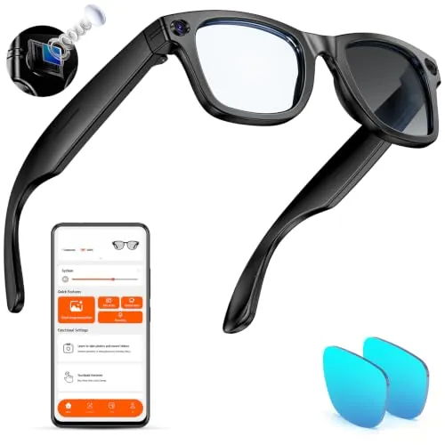 Gafas Inteligentes con Camara 8MP, Gafas con IA Bluetooth/WiFi, Smart Glasses con Fotografía/Grabación/Llamadas/Música/Traducción/Reconocimient Imágenes, Lentes fotocromáticas + lentes azules