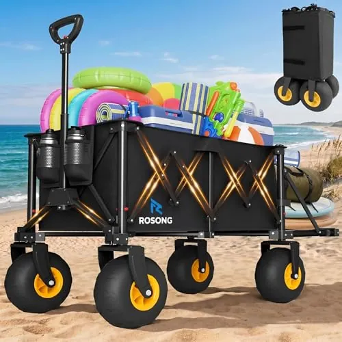ROSONG Carro Playa Plegable con Ruedas Grandes Todoterreno Carrito Transporte Plegable Puerta Trasera Abatible Carro para Playa Camping Jardín,Negro