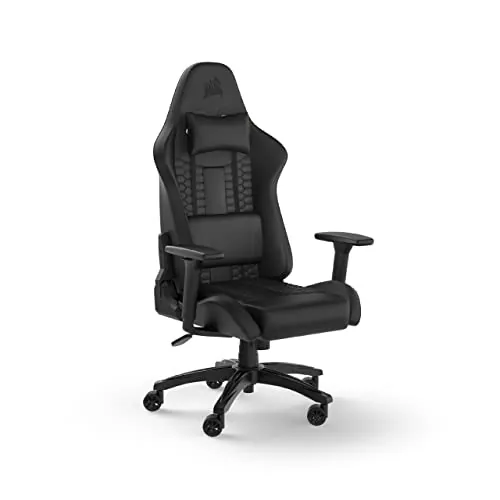Corsair TC100 Relaxed Silla para Juegos - Leatherette - Diseño Inspirado en Las Carreras - Cojín Lumbar - Almohada Cervical Extraíble de Espuma Viscoelástica - Reposabrazos Ajustables - Negro