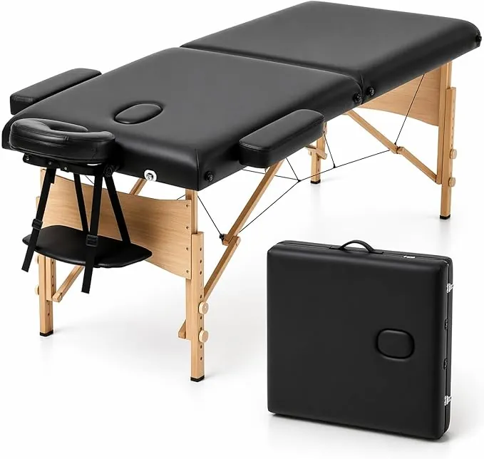 T-LOVENDO.ES Camilla de Masaje Plegable portátil Ligera Profesional | 2 cuerpos con Altura Ajustable | Acolchado Espuma Alta Densidad | Estructura Madera | Soporta hasta 200kg