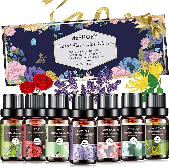 AESHORY Juego de Aceites Esenciales para Humidificador 7 X 10ml, Natural Puro Aceite de Aromaterapia de Floral para Difusor, SPA, Masajes, Bricolaje Casero - Flor de Cerezo, Jazmín, Lavanda, Rosa