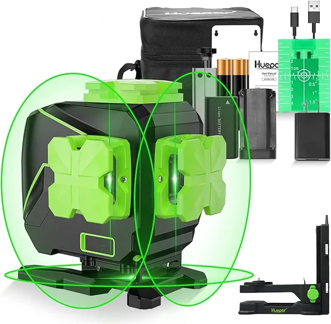 Nivel láser, Huepar 3 x 360° Instrumento láser de rayo verde autonivelante, líneas verticales y horizontales, batería de iones de litio y base giratoria magnética S03DG-L