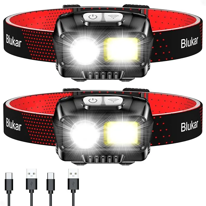Blukar Linterna Frontal Recargable, [2 Pack] 2000L Super Brillante Linterna Cabeza LED Con Sensor de Movimiento y Luces de Advertencia Rojas, 8 Modos Luz, 30h de Tiempo Ejecución para Correr, Pesca