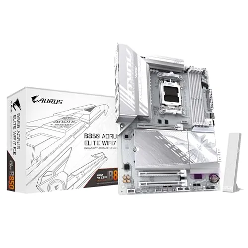 GIGABYTE B850 AORUS Elite WIFI7 Ice Placa Base - Procesadores AMD Ryzen Serie 9000, VRM Digital de 14+2+2 Fases, hasta 8200MHz DDR5 (OC), 1xPCIe 5.0 + 2xPCIe 4.0 M.2, LAN 2.5, WiFi 7, USB 3.2 Gen 2x2