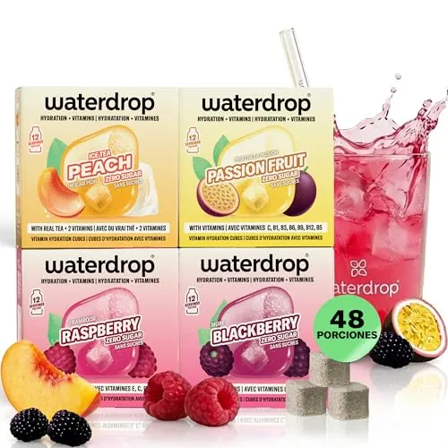 waterdrop® Microdrink Mix, 48 Pastillas Saborizantes Para Agua, Bebidas Mix 4 Sabores Afrutados Sin Azúcar, baja en calorías y con vitaminas, Bebida Instantánea, Polvo de Hidratación, Para Botella