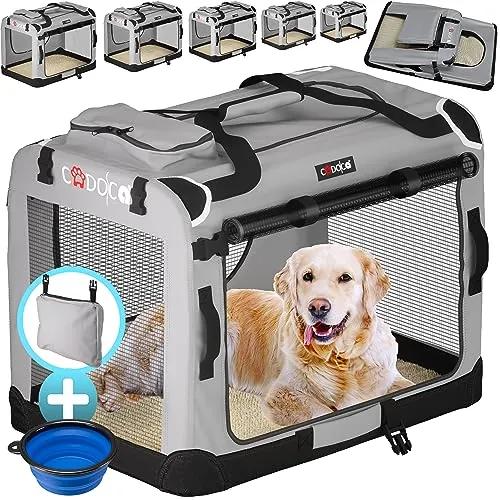 CADOCA® Transportín Mascotas Plegable con Alfombrilla Suave y Tazón Talla L 70x52x50cm Bolsa Viajes Transportadora Perros Gatos Gris