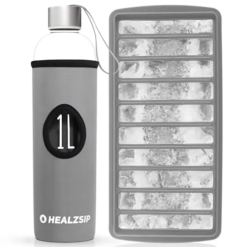 Botella Agua Cristal 1 Litro con Funda y Cubitera + Guía + Calculadora - Botella Vidrio Borosilicato con Medición - Reutilizable y Apta para Lavaplatos - Glass Water Bottle - Ideal para Casa y Oficina