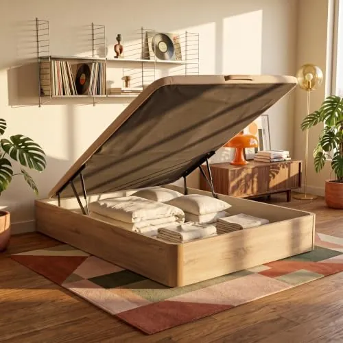What The Sleep | Canapé Abatible de Madera Gran Capacidad | 135x190 | Montaje y Retirada Usado Incluido | Natural | 32 cm | Apto Todos Colchones | Esquinas Delanteras Redondeadas | Storage Bed