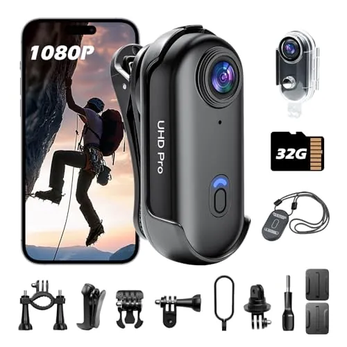 Pudet Luo Cámara Deportiva, 32GB Mini Cámara de Acción 360°, HD 1080PCámara Acción Impermeable 30M Videocámara Cámara de Casco, Cámara Corporal para Vlog para Moto Bici