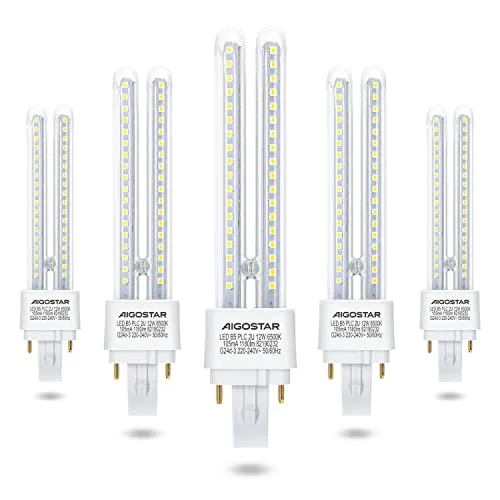 Aigostar - Pack de 5 Bombilla PLC 2U, Tubo de 12 W, Maiz G24d-3, 2 Pines, Luz fría 6500K, 1180Lm, No regulable