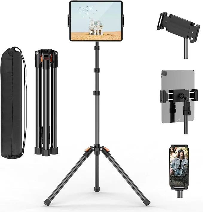 XXZU 182cm Soporte para Tableta y Teléfono, Soporte de Suelo para Tableta Giratorio de 360° Trípode para Tablet Ajustable en Altura Plegable Inverso Compatible con Tablet y Teléfon