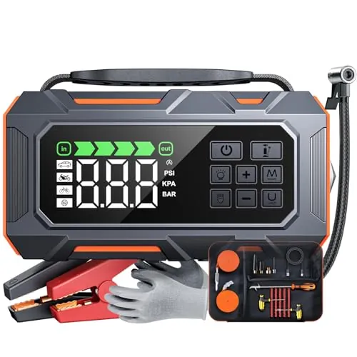 TREKURE 14 en 1 8000A Arrancador de Baterias de Coche, 160 PSI Arrancador de Coches con Compresor de Aire, Nuevo Kits de Emergencia con Luces Multimodo y Guantes Aislantes(para All Gas o 12L Diesel)