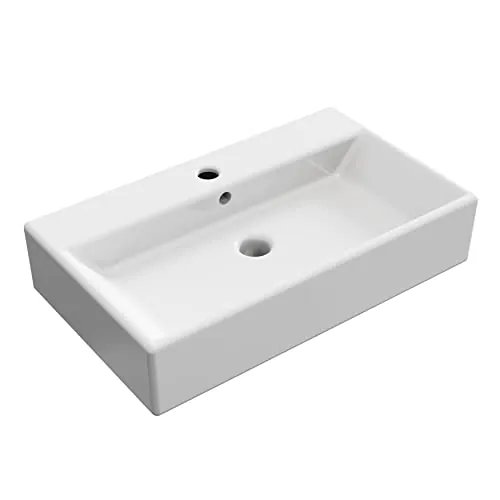 BAIKAL - Lavabo Cerámico sobre Encimera. Lavabo Recto en acabado Blanco Brillo. Medidas 61 x 36 x 13 cm. Con orificio para grifo. Envío con Embalaje Reforzado