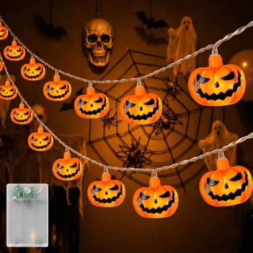 AGOTD Guirnalda de luces de Halloween, 3 m, 20 ledes, calabaza, batería exterior con temporizador de 6 horas, resistente al agua IP65, para decoración de Halloween, fiestas temáticas zombies