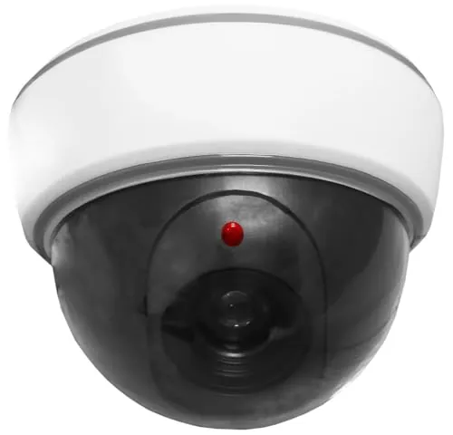 Cámara simulada de techo con piloto LED, diseño discreto, fácil de instalar, ideal para seguridad y prevención de robos.