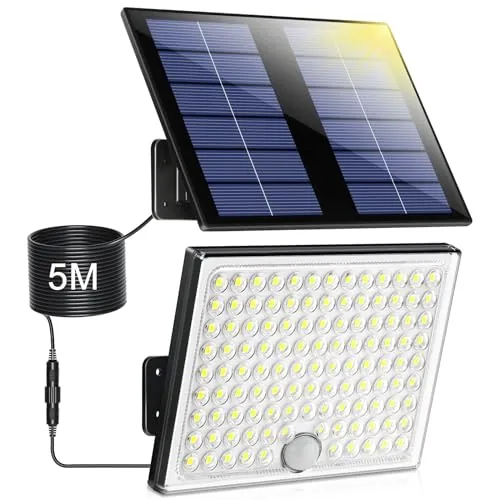 Realky Lampara Solar Exterior con Sensor de Movimiento, 113 LEDs 2000mAh 4 Modes, Potente Foco LED para Jardin con Cable de 5 m, 1 pieza
