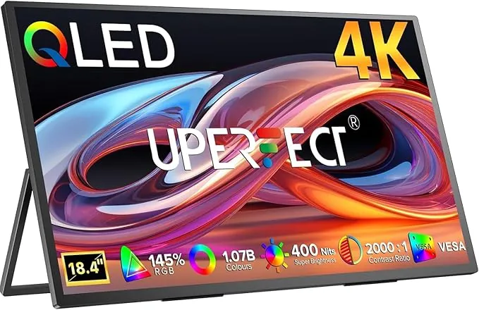 UPERFECT 18 Pulgadas 4K Monitor Portátil con Mate Eye-Care QLED Display UHD 3840 * 2160 Soporte Integrado USB C Mini HDMI para Laptop PC Smartphone Switch Xbo PS-4/5, Pantalla Móvil Montaje VESA