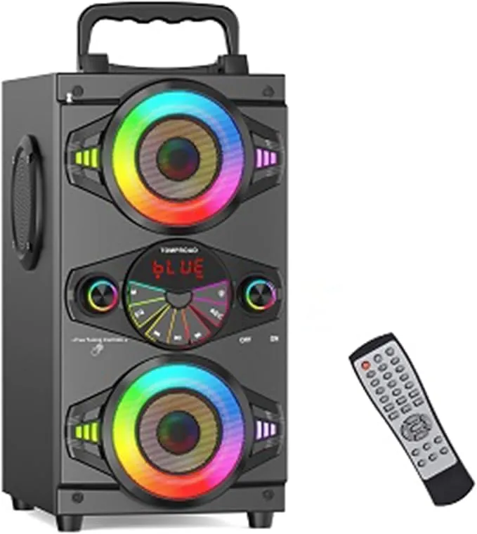 Altavoces Bluetooth portátiles de 60 W, gran potencia, inalámbricos, sonido estéreo de graves potentes, Boombox para fiestas en casa, altavoz con subwoofer, radio FM y luces LED de colores. (Negro)
