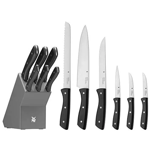 WMF Profi Select - Juego de 7 Piezas, 6 Cuchillos con Soporte de madera lacado en Color Gris, Hoja de Acero Templado con Filo de Larga Duración