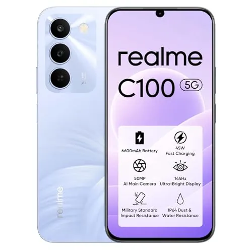 realme C100 5G Smartphone 256GB ROM, Batería Titan 6600mAh y Carga Rápida 45W, Teléfono Móvil con 144Hz Ultra Brillante, Android 16 Móviles Resistencia a Antigolpes Militar, Carga Inversa 6.5W, IP64