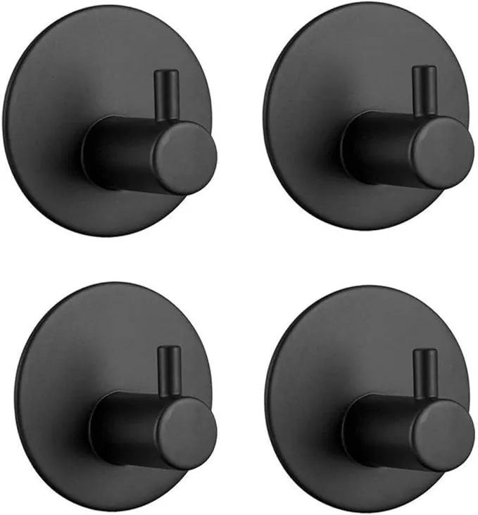 Feligio Ganchos Adhesivos Para Pared Negro, Colgadores Adhesivos Resistentes de Acero Inoxidable 304, Sin Taladro, Colgador Toalla Baño Adhesivo Para Cocina Baño, 4 Piezas