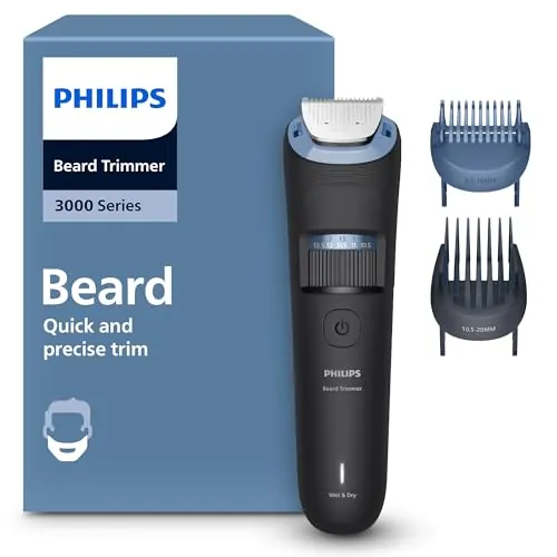 Philips Recortadora de barba series 3000, Hombre, Cuchillas autoafilables, 40 posiciones ajustables, Peine-guía Levanta y Recorta, 100% Resistente al agua, Indicador de batería, carga USB, BT3660/15