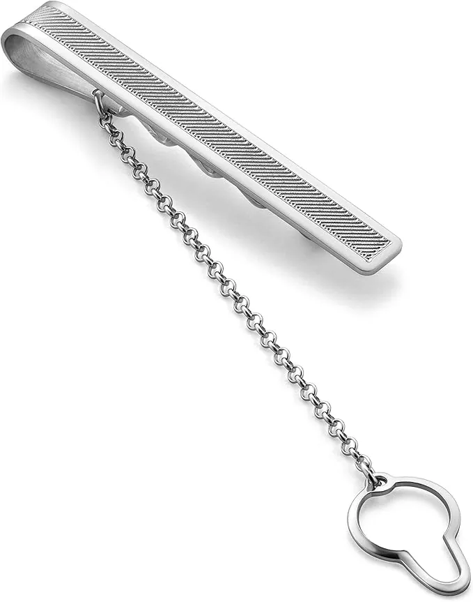 Pinza De Corbata Para Hombre De Plata De Ley Con Patrón De Rayas Fino Y Cadena De Seguridad