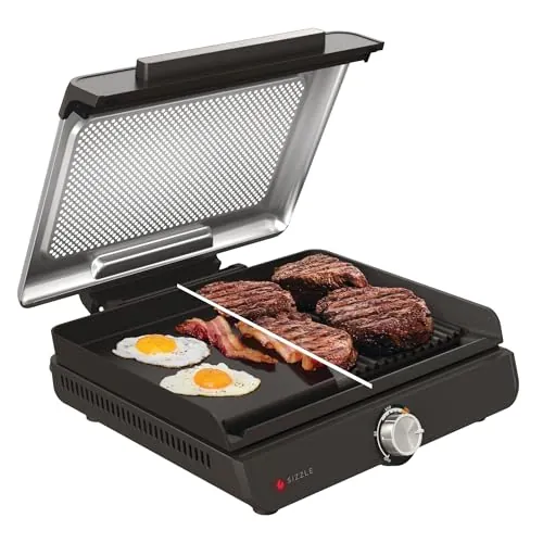 Ninja Sizzle Parrilla y plancha de interior eléctrica, dos placas intercambiables antiadherentes aptas para lavavajillla, bandeja para grasa, control de temperatura y guía de recetas, en gris, GR101EU