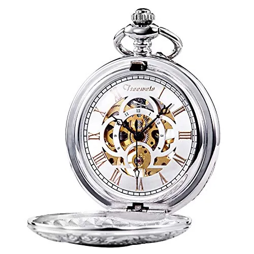 TREEWETO Reloj de bolsillo unisex con cadena analógica, cuerda manual, grabado antiguo, color plata/oro/negro, plata, Estilo vintage