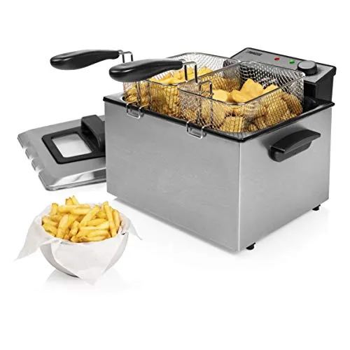 Princess 185000 - Freidora con 3 cestas semiprofesional, una grande y dos pequeñas, zona fría, potencia de 3270 W, volumen de 5 litros, acero inoxidable